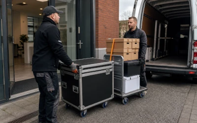 Zwei Möbelpacker verladen einen gewerblichen Transport in einen Transporter