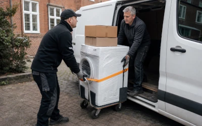 Zwei Möbelpacker verladen ein Haushaltsgerät für den Transport