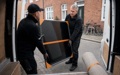 Zwei Arbeitskräfte verladen einen Kleintransport (Fernseher)