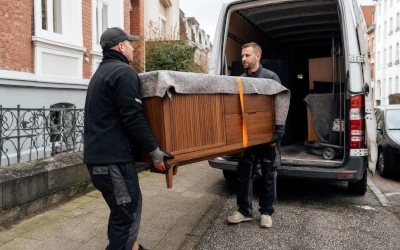 Zwei Möbelpacker verladen ein Möbelstück in einen Transporter