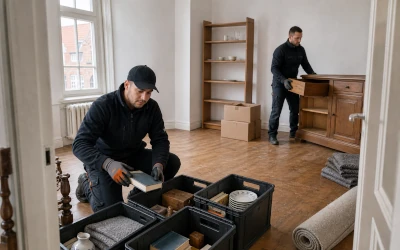 Haushaltsauflösung: Zwei Möbelpacker sortieren den Haushalt